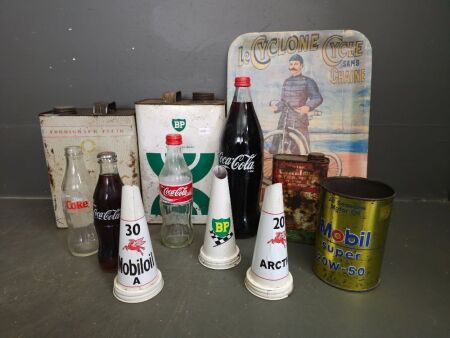 Mixed Lot of Motor Oil Tins, Tin Pourers, Coca Cola Bottles etc