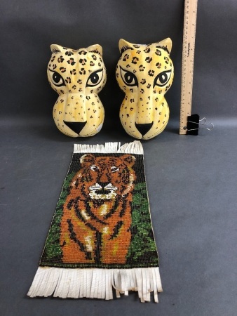 2 Vintage Carved Leopard Wall Masks + Beaded Tiger Panel