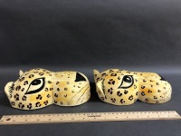 2 Vintage Carved Leopard Wall Masks + Beaded Tiger Panel - 3