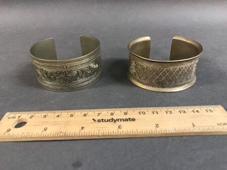 2 Vintage Chinese Hill Tribe White Metal Cuffs