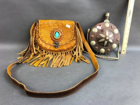 2 Vintage Bags. 1 Turkish Metal Bag. 1 Fringed Leather Bag with Turquoise