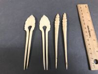 4 Antique Carved Bone Hair Picks - 2