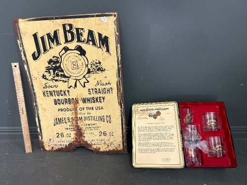 Barware Lot inc Jim Beam Printed Tin Sign and Mixed Tumblers in Jack Daniels Tin