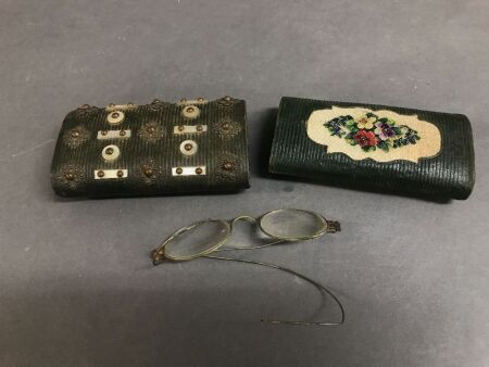 Edwardian Spectacles & Mother of Pearl & Embroidery Case