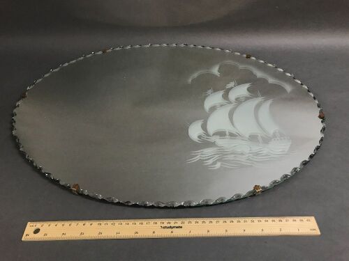 1950's Scallop Edged Oval Mirror Etched with Sailing Ship