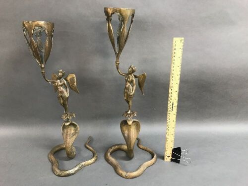 Pair of Vintage Moghul Persian Brass Angel & Cobra Lamp Holders c1920's