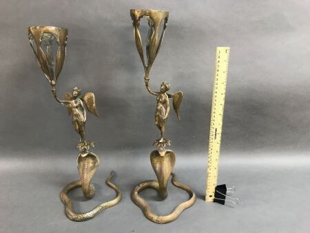 Pair of Vintage Moghul Persian Brass Angel & Cobra Lamp Holders c1920's