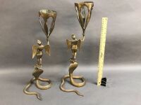 Pair of Vintage Moghul Persian Brass Angel & Cobra Lamp Holders c1920's - 2