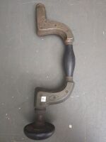 Ebony and brass timber brace, her majestyroyal letter patent, small check in pad and handle, has ivory ring