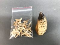 Carved Alaskan Whale Tooth & Collection of Sharks Teeth - 2