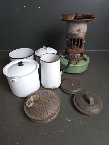 Mixed Lot of Enamel Ware & Parrafin Stove