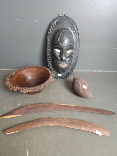 Two Boomerangs, Wooden Bowl, Seed Pod and Mask