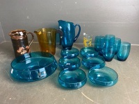 Mid Century Blue Glass Set with some Brown Glass thrown in