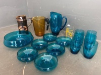 Mid Century Blue Glass Set with some Brown Glass thrown in - 4