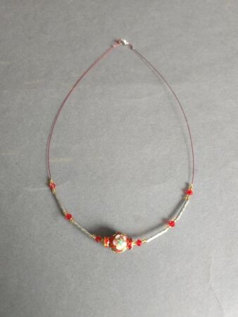 Vintage Red Cloisonne Bead Necklace with Swarovski