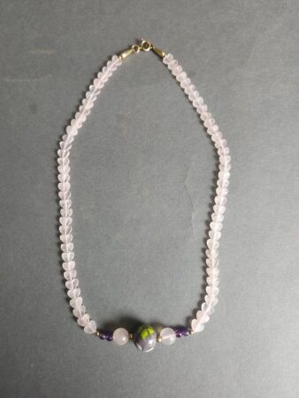 Rose Quartz Beads & Vintage Cloisonne Bead Necklace