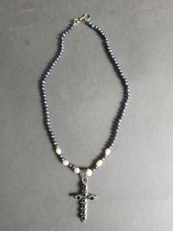 Blue Freshwater Pearl Cross Necklace