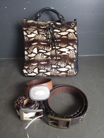 3 Leather Belts & Fur & Leather Handbag