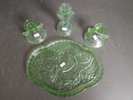 3 Green Glass Candle Holders & Platter