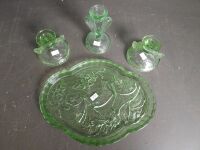 3 Green Glass Candle Holders & Platter