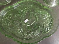 3 Green Glass Candle Holders & Platter - 2