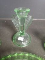 3 Green Glass Candle Holders & Platter - 3