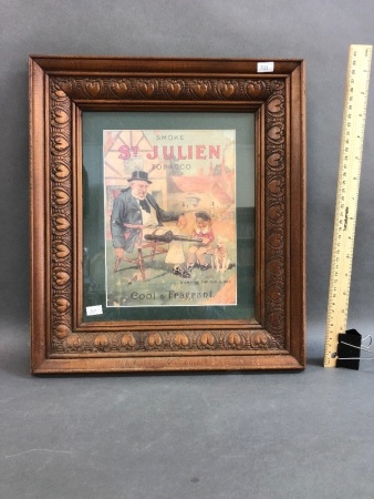 Framed Antique Tobacco Advertising in Pressed Timber Frame