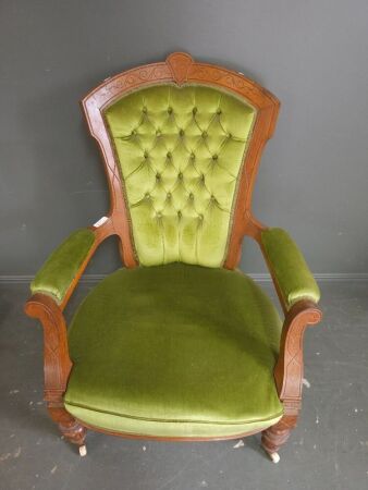 Teal Buttonback Grandfather Chair on Wheels