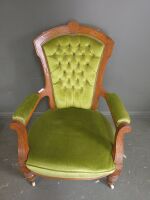 Teal Buttonback Grandfather Chair on Wheels