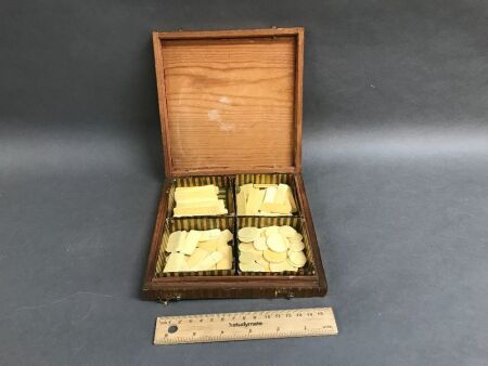 1920's Marquetry Box with Chinese Ivory Gaming Chips