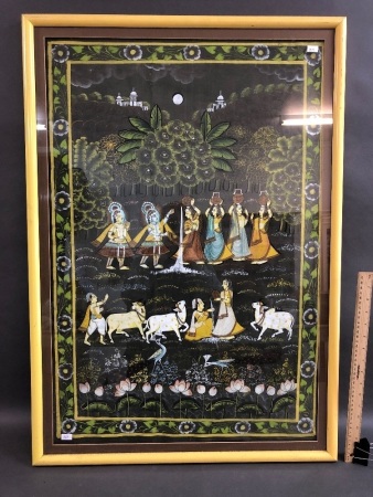 Large Framed Antique Indian Hand Painted Cotton Panel