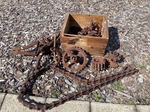 Large Metalware Lot inc. Scarifier Feet, Horse Hames, Elevator Buckets etc.with Steel Handled Wooden Crate