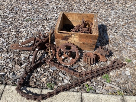 Large Metalware Lot inc. Scarifier Feet, Horse Hames, Elevator Buckets etc.with Steel Handled Wooden Crate