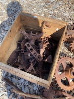 Large Metalware Lot inc. Scarifier Feet, Horse Hames, Elevator Buckets etc.with Steel Handled Wooden Crate - 4