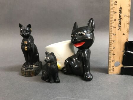 3 Black Cat Figurines inc. Victorian Glass Cat