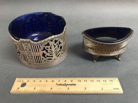 2 EPNS & Bristol Blue Glass Pots