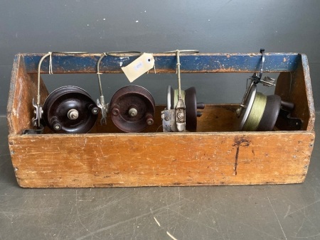 Four Old Alvey Fishing Reels with Chippys Box