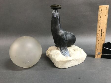 Art Deco French Bronze & Alabaster Seal Lamp - Req. Re-wiring