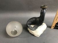 Art Deco French Bronze & Alabaster Seal Lamp - Req. Re-wiring - 2