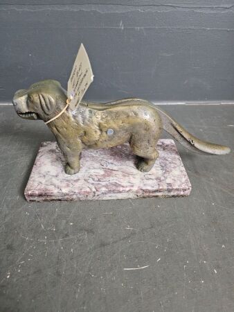 Antique Cast Brass Mechanical Dog Nut Cracker on Marble Plinth