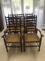 Set of 8 Rush Seated, Vintage Oak Ladderback Dining Chairs