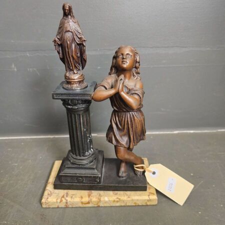 Antique Bronze Statue of Girl Praying on Marble Plinth