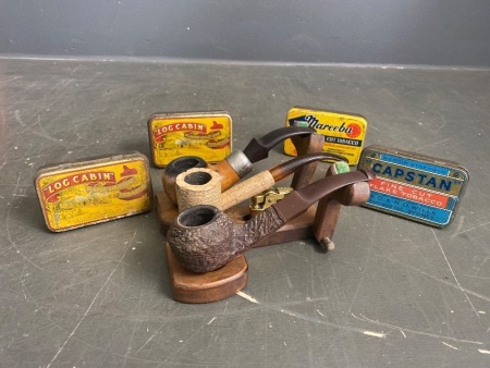 Vintage Pipe Stand with 3 Pipes, Lighter & Tabacco Tins