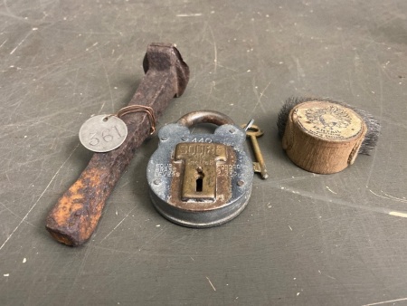 Vintage Railway Spike from Burma Railway, Squire 440 Padlock & Fantail wire Brush