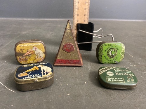 Very Rare Golden Pyramid Gramaphone Needle Tin & 4 Extra Tins of Needles