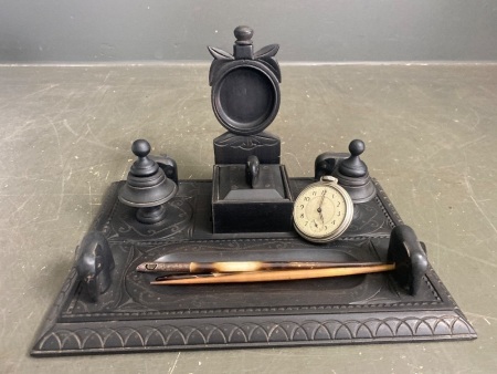 Antique Indian Wooden Desk Set with Ink Wells, Elephants, Pens and Clock