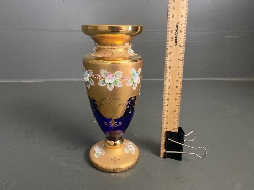 Vintage Bohemian Czech Cobolt Blue Gilt Glass Vase - app 220mm H