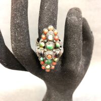 Early 20th Century Sterling Silver Tibetan Red Coral, Garnet & Turquoise Ring