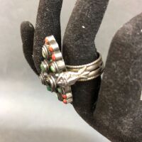 Early 20th Century Sterling Silver Tibetan Red Coral, Garnet & Turquoise Ring - 2