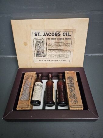 Old Apothecary Bottles of St Jacobs Oil with Contents & Original Boxes